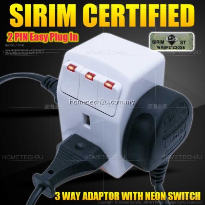 UK 13A 3 Three Way Adaptor Adapter With Neon Switch (Sirim Approved)