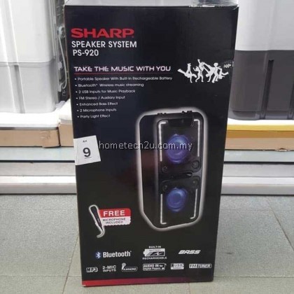 Sharp PS-920 150W High Power Portable Party Speaker with Built-in Rechargeable Battery, Disco Lights, Bluetooth, FM Radio, USB Playback & Microphone - Black Sharp PS-920 150W High Power Portable Party Speaker with Built-in Rechargeable Battery, Disco Lights, Bluetooth, FM Radio, USB Playback & Microphone - Black