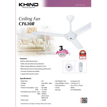 Khind 3 Blade Ceiling Fan with Remote Control 60’’ CF630R (2 Sets/Box)