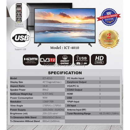 iSONIC 40” Inch LED TV ICT-4010 (DVB T2)