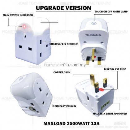 Extension Plug 13A 3 Way Adaptor with Nigh Lamp 2 USB Charger USB plug three adapter adaptor Extension Socket Kepala Tiga Lampu Tidur (Sirim) Extension Plug 13A 3 Way Adaptor with Nigh Lamp 2 USB Charger USB plug three adapter adaptor Extension Socket Kepala Tiga Lampu Tidur (Sirim)