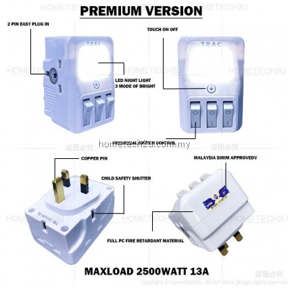 Extension Plug 13A 3 Way Adaptor with Nigh Lamp 2 USB Charger USB plug three adapter adaptor Extension Socket Kepala Tiga Lampu Tidur (Sirim) Extension Plug 13A 3 Way Adaptor with Nigh Lamp 2 USB Charger USB plug three adapter adaptor Extension Socket Kepala Tiga Lampu Tidur (Sirim)