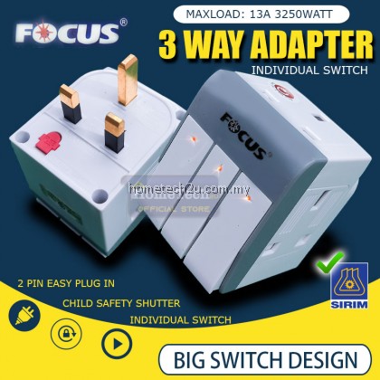FOCUS 3 Way Adapter Extension Plug Extantion Socket with Sirim Individual Switch & Neon Safety Shutter FOCUS 3 Way Adapter Extension Plug Extantion Socket with Sirim Individual Switch & Neon Safety Shutter