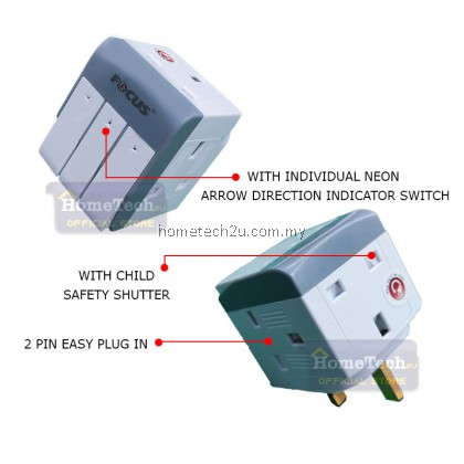 FOCUS 3 Way Adapter Extension Plug Extantion Socket with Sirim Individual Switch & Neon Safety Shutter FOCUS 3 Way Adapter Extension Plug Extantion Socket with Sirim Individual Switch & Neon Safety Shutter