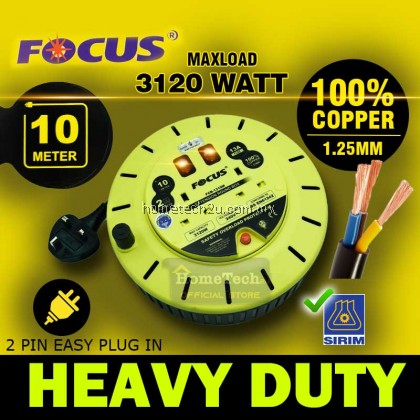 Focus Heavy Duty Extension Roller Round Extantion Cord Extension Plug Bulat Full Copper 1.25mm with Sirim Approved 10Meter Focus Heavy Duty Extension Roller Round Extantion Cord Extension Plug Bulat Full Copper 1.25mm with Sirim Approved 10Meter