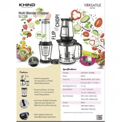 Khind 4 in 1 Multi Blender Chopper BLC129 500W (Stainless Steel Blades) Khind 4 in 1 Multi Blender Chopper BLC129 500W (Stainless Steel Blades)