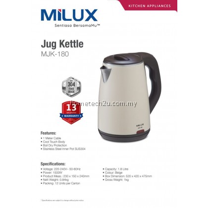 Milux 1.8L Jug Kettle Double Wall Stainless Steel Lid and Inner Pot MJK-180