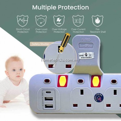 SUNSTAR Multiple T-Adaptor Socket 3Way 4Way Adaport with 3.1A USB Type C Port Multiple Extension Wall Socket (SIRIM) SUNSTAR Multiple T-Adaptor Socket 3Way 4Way Adaport with 3.1A USB Type C Port Multiple Extension Wall Socket (SIRIM)