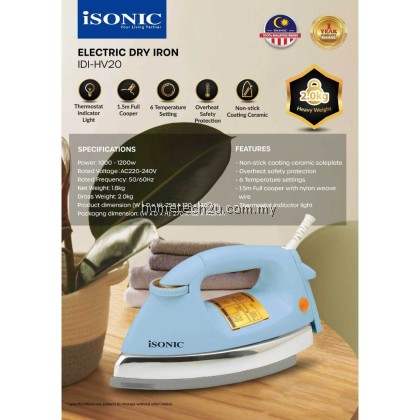 Isonic Electric Dry Iron - Sky Blue IDI-HV20 (2.0KG HEAVY WEIGHT) Vintage Design Similar to NI-25AWT Isonic Electric Dry Iron - Sky Blue IDI-HV20 (2.0KG HEAVY WEIGHT) Vintage Design Similar to NI-25AWT