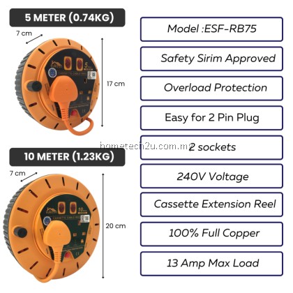 Eurosafe Cassette Extension Reel 5m/10m, Full Copper, 13A 240V, Overload Protection, Durable, Easy Wind, Impact-Resistan Eurosafe Cassette Extension Reel 5m/10m, Full Copper, 13A 240V, Overload Protection, Durable, Easy Wind, Impact-Resistan