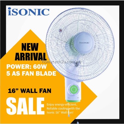 Isonic 16'' Wall Fan CTF-WF16 - 60W 5 Blade Powerful Cooling, 3 Speed Control, Automatic Oscillation, Light Green Isonic 16'' Wall Fan CTF-WF16 - 60W 5 Blade Powerful Cooling, 3 Speed Control, Automatic Oscillation, Light Green