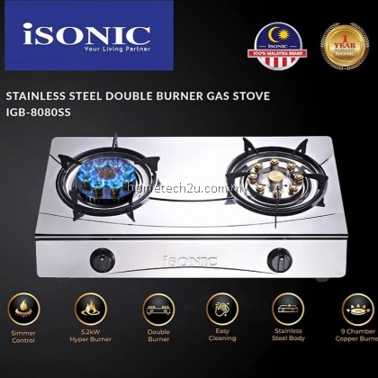 Isonic Stainless Steel Double Burner Gas Stove IGB-8080SS | 5.2kW Hyper Burner | Automatic Ignition | Easy Clean Design