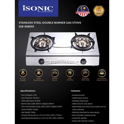 Isonic Stainless Steel Double Burner Gas Stove IGB-8080SS | 5.2kW Hyper Burner | Automatic Ignition | Easy Clean Design