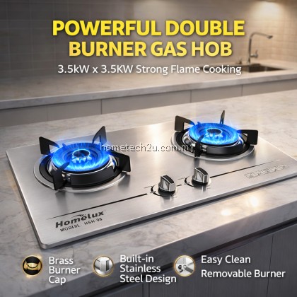 HOMELUX Built-In Stainless Steel Gas Hob 2 Burner Powerful 3.5kW+3.5kW Brass Burner Dapur Gas Tanam Heavy Duty Cooker