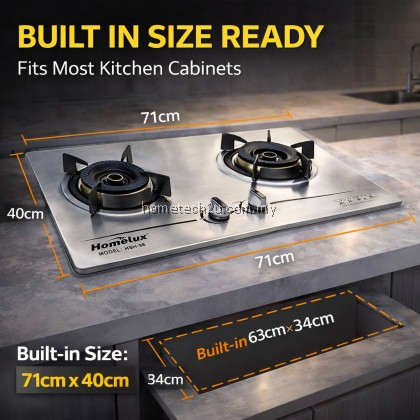 HOMELUX Built-In Stainless Steel Gas Hob 2 Burner Powerful 3.5kW+3.5kW Brass Burner Dapur Gas Tanam Heavy Duty Cooker