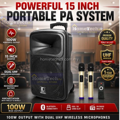 DENN Portable PA System 15 Inch Bluetooth Speaker with 2 UHF Wireless Handheld Mic portable sound system DENN Portable PA System 15 Inch Bluetooth Speaker with 2 UHF Wireless Handheld Mic portable sound system