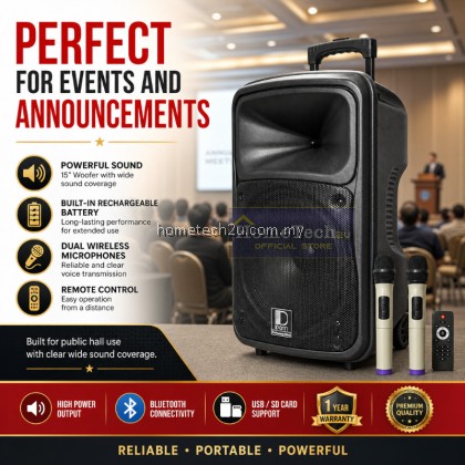 DENN Portable PA System 15 Inch Bluetooth Speaker with 2 UHF Wireless Handheld Mic portable sound system DENN Portable PA System 15 Inch Bluetooth Speaker with 2 UHF Wireless Handheld Mic portable sound system