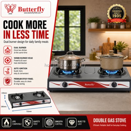 BUTTERFLY Double Burner Gas Stove Auto Ignition Energy Saving Dapur Gas Stainless Steel Cooker 1 Year Warranty BUTTERFLY Double Burner Gas Stove Auto Ignition Energy Saving Dapur Gas Stainless Steel Cooker 1 Year Warranty