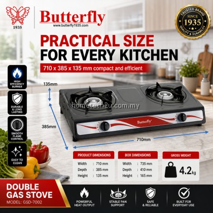 BUTTERFLY Double Burner Gas Stove Auto Ignition Energy Saving Dapur Gas Stainless Steel Cooker 1 Year Warranty BUTTERFLY Double Burner Gas Stove Auto Ignition Energy Saving Dapur Gas Stainless Steel Cooker 1 Year Warranty