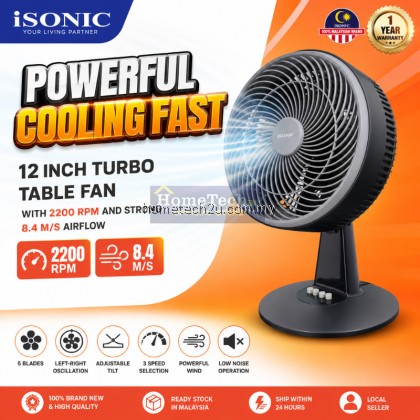 iSONIC 12 Inch Turbo Table Fan 106W Black 5 Blades 3 Speed Oscillation Adjustable Tilt Low Noise Powerful Air iSONIC 12 Inch Turbo Table Fan 106W Black 5 Blades 3 Speed Oscillation Adjustable Tilt Low Noise Powerful Air