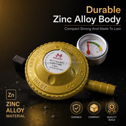 Micono Low Pressure Gas Regulator Meter Gauge SIRIM Approved LPG Propane Butane 28mbar Zinc Alloy Malaysia Micono Low Pressure Gas Regulator Meter Gauge SIRIM Approved LPG Propane Butane 28mbar Zinc Alloy Malaysia