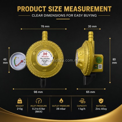 Micono Low Pressure Gas Regulator Meter Gauge SIRIM Approved LPG Propane Butane 28mbar Zinc Alloy Malaysia Micono Low Pressure Gas Regulator Meter Gauge SIRIM Approved LPG Propane Butane 28mbar Zinc Alloy Malaysia