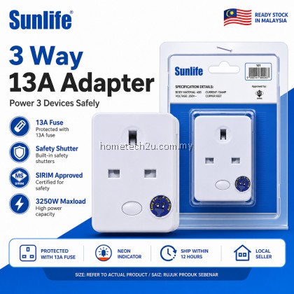 Sunlife 13A 3 Way Adapter with Safety Shutter 3 Pin Extension Plug, 250V 3250W SIRIM ST Approved Malaysia Adaptor Sunlife 13A 3 Way Adapter with Safety Shutter 3 Pin Extension Plug, 250V 3250W SIRIM ST Approved Malaysia Adaptor