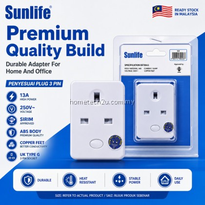 Sunlife 13A 3 Way Adapter with Safety Shutter 3 Pin Extension Plug, 250V 3250W SIRIM ST Approved Malaysia Adaptor Sunlife 13A 3 Way Adapter with Safety Shutter 3 Pin Extension Plug, 250V 3250W SIRIM ST Approved Malaysia Adaptor