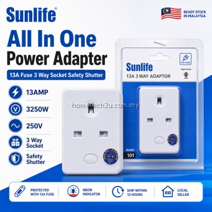 Sunlife 13A 3 Way Adapter with Safety Shutter 3 Pin Extension Plug, 250V 3250W SIRIM ST Approved Malaysia Adaptor Sunlife 13A 3 Way Adapter with Safety Shutter 3 Pin Extension Plug, 250V 3250W SIRIM ST Approved Malaysia Adaptor