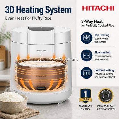 Hitachi 1.8L 10 Cups Rice Cooker RZ-S18MN W Non Stick Inner Pot Periuk Nasi Elektrik With Steamer Tray SIRIM White