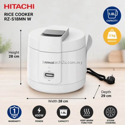 Hitachi 1.8L 10 Cups Rice Cooker RZ-S18MN W Non Stick Inner Pot Periuk Nasi Elektrik With Steamer Tray SIRIM White