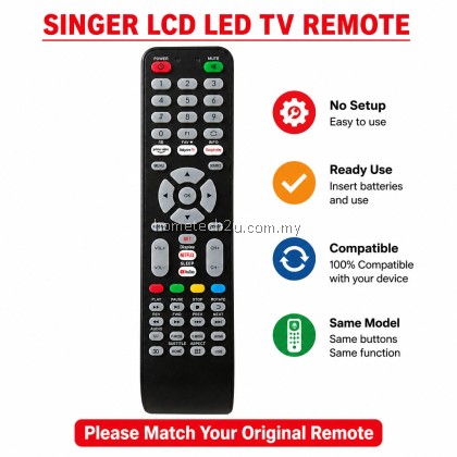 Replacement Remote Control for SINGER LCD LED TV, No Setup Required Ready to Use, Compatible Spare TV Controller Unit