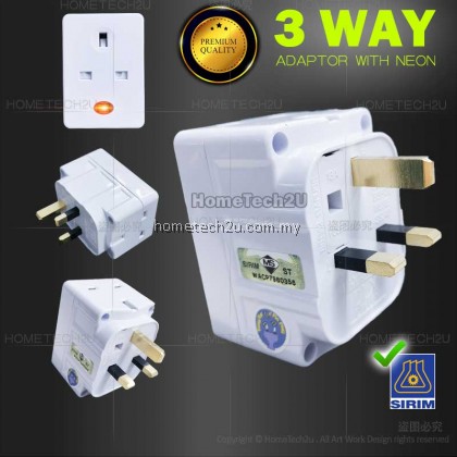 PREMIUM 13A 3 way Adapter Adaptor Light indicator with Safety Shutter Extension Plug kepala tiga (Sirim Approved)